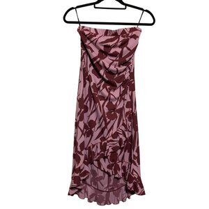 Women's Sz M Strapless‎ Floral Dress Ruffle Hem Mid Pink & Burgundy Y2K Fairy